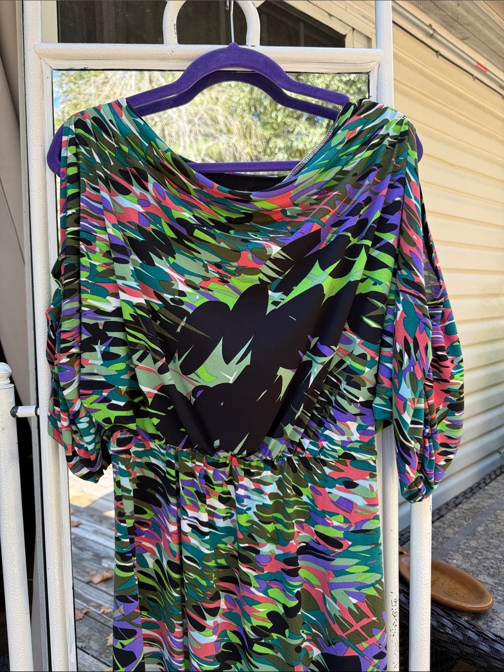 Maggy London Multicolor Wave-Print Midi Dress — Green, Purple, Pink & Black